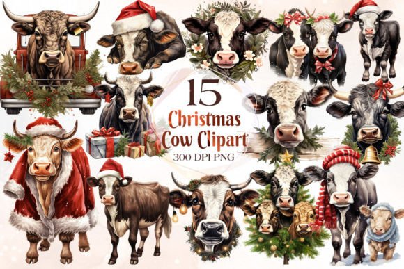 Download Vintage Christmas Cow Clipart Bundle - Christmas Collection
