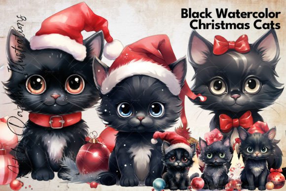 Download Christmas Cats: Black Watercolor Cats - Christmas Collection