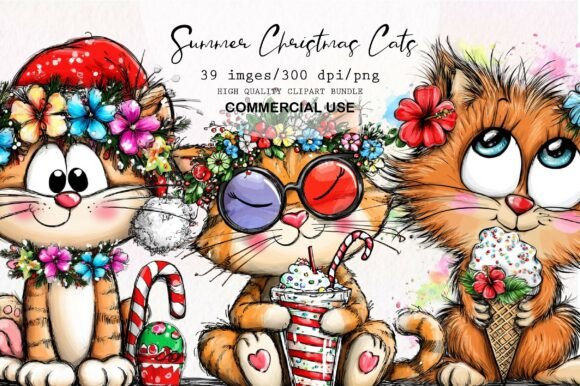 Download Whimsical Summer Christmas Cats Clipart - Christmas Collection