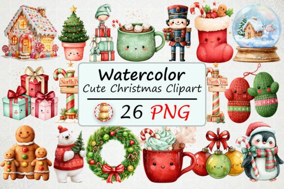 Download Watercolor Cute Christmas Clipart - Christmas Collection